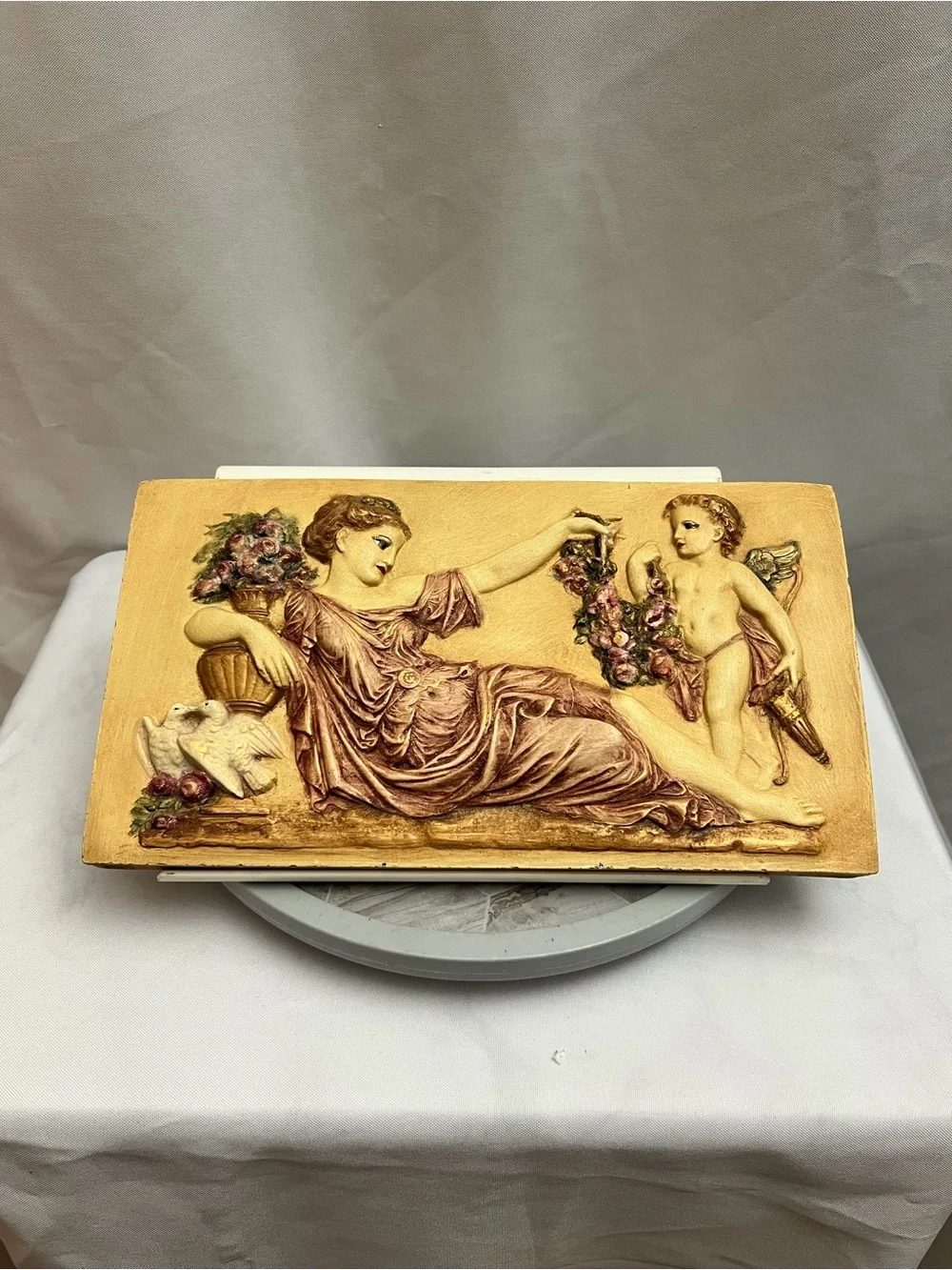 Classical Goddess Cherub Angel Heavy Stone Style Wall Plaque Floral Relief